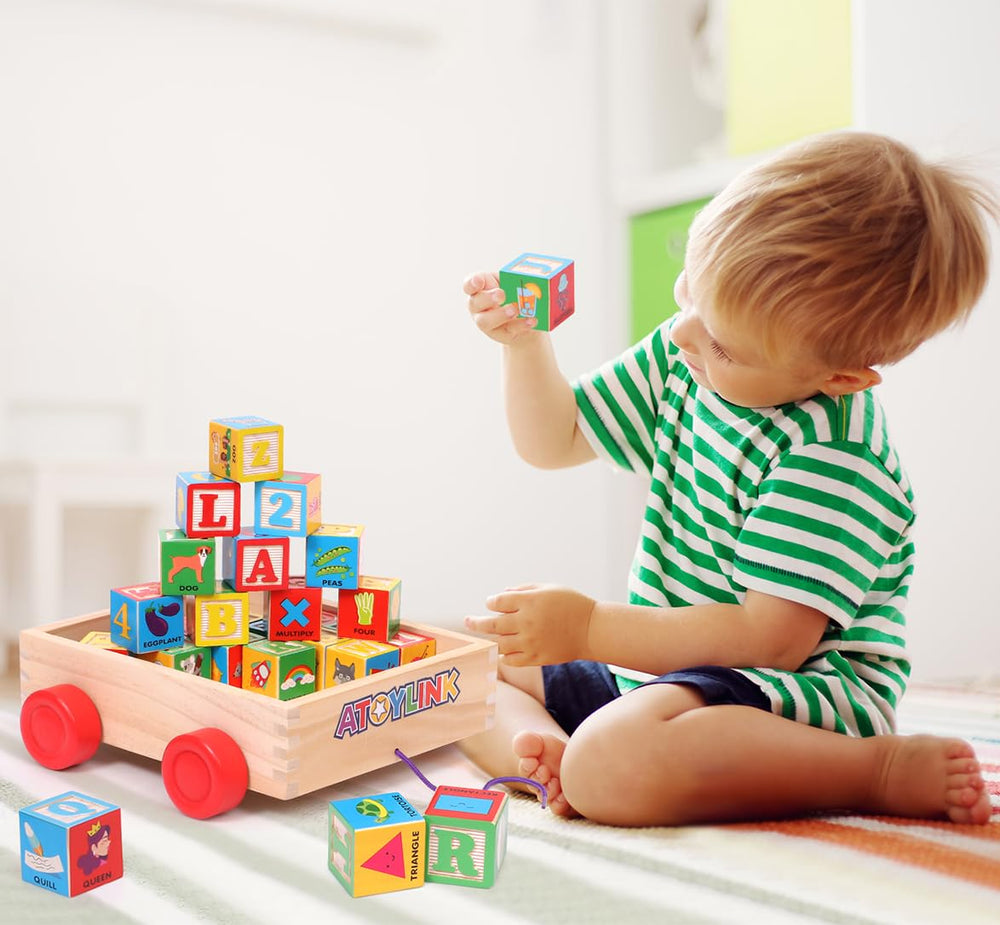 Atoylink blocks and wagon support hand-eye coordination through guided stacking