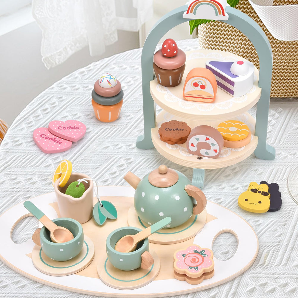 Atoylink tea tray with teapot and cups ready for pretend service