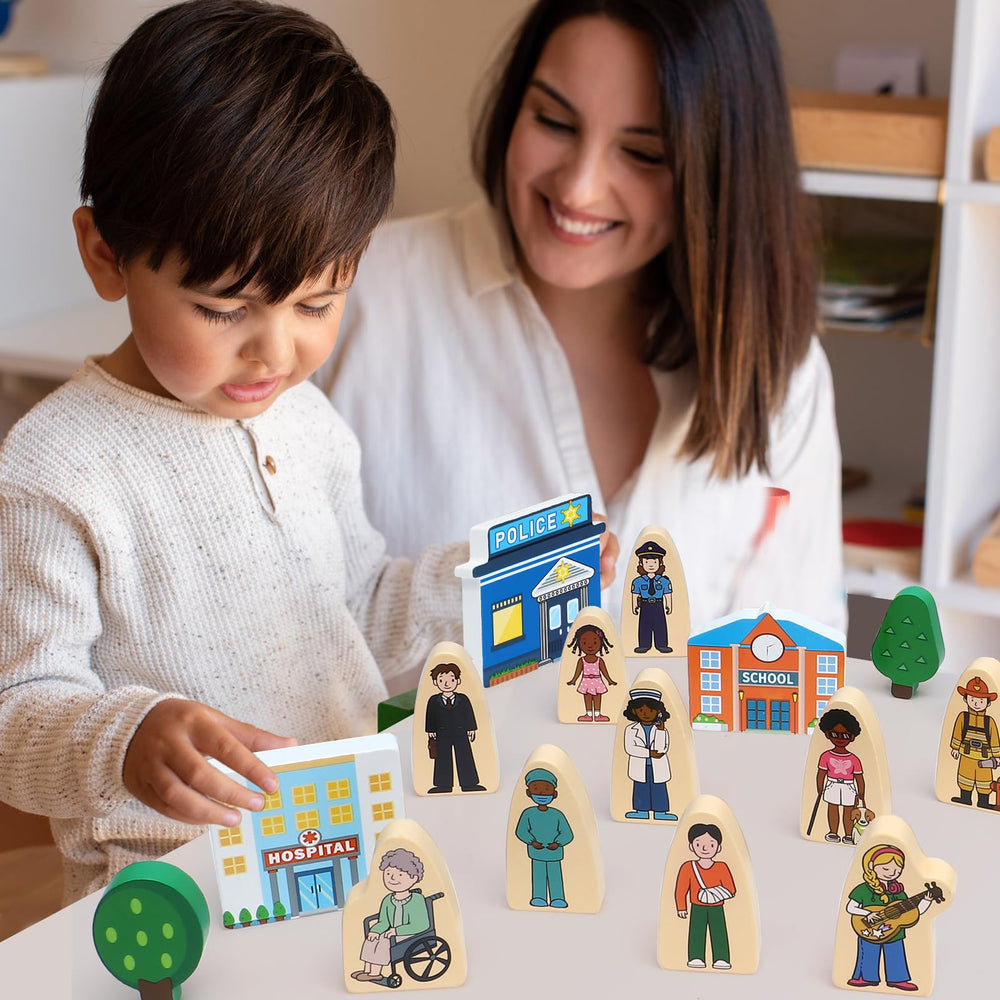 Atoylink wooden trees and settings provide natural backdrops for pretend play