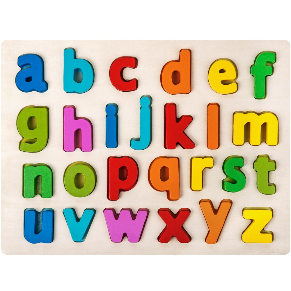 Attmu alphabet puzzle board showing lowercase letters for hands-on learning.