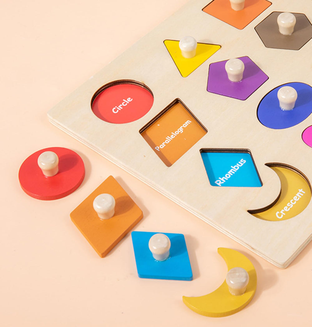 Attmu wooden peg puzzle pieces in 11 colors for color recognition.