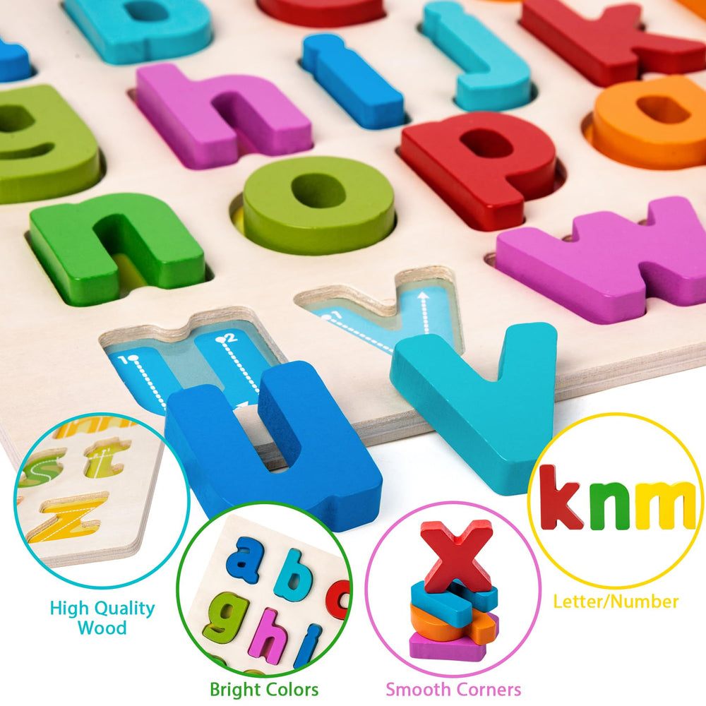 Attmu wooden alphabet pieces sized for little hands for easy grasp.