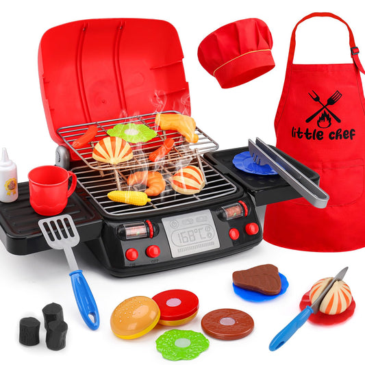 AugToy Kids Grill Playset with apron hat promotes safe imaginative outdoor cooking.