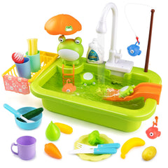 Aukful Play Sink with running water faucet promotes real kitchen play and hand-eye coordination.