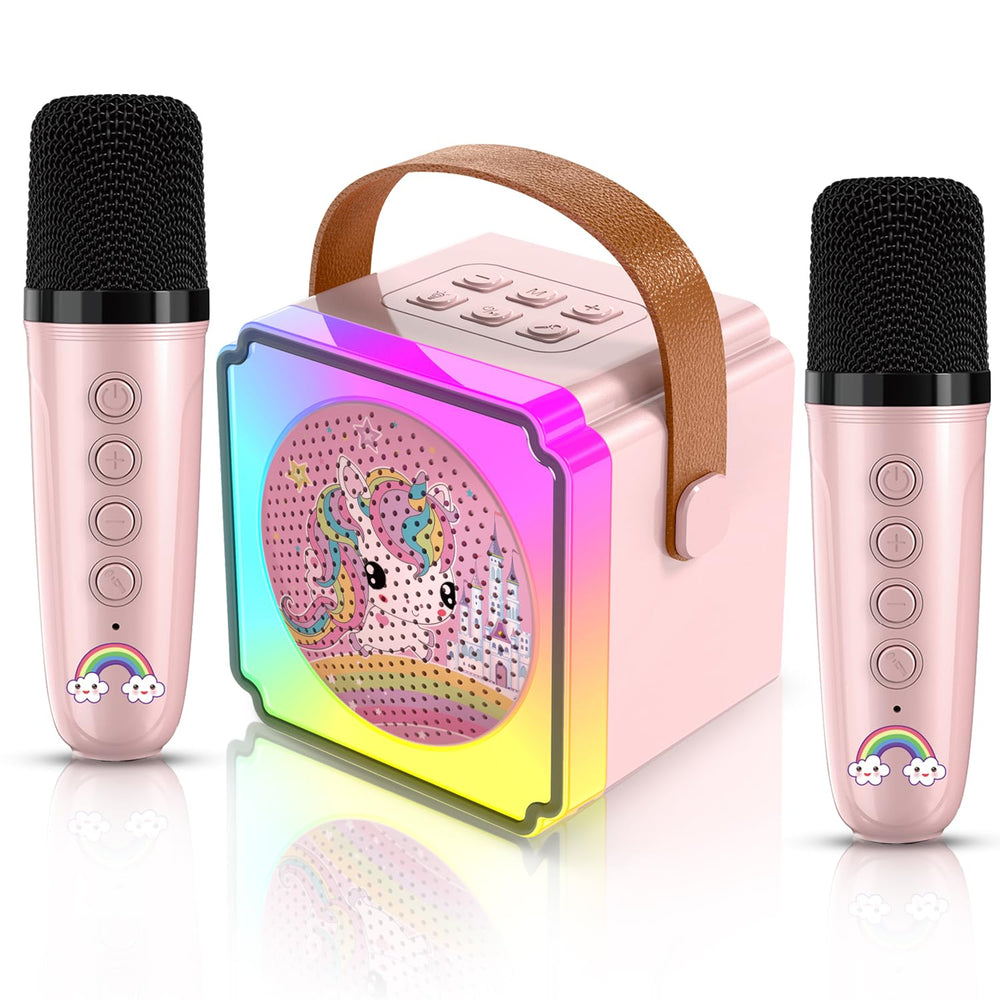 Auney kids karaoke pink 2 mics for duet singing fun.