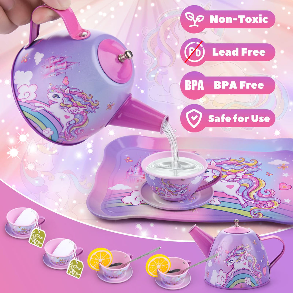 Auney Unicorn Tea Set colorful tablecloth set on a child-sized tea table