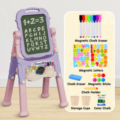 AuntyFey pink purple easel with colorful markers and erasers for expressive art.