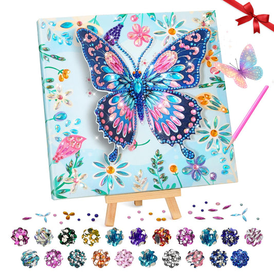 AuraKoi diamond art kit shows a blue butterfly 3D design for playful room decor