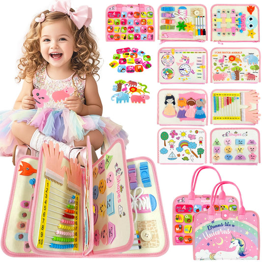 Aurasys Toddler Busy Board with 9-in-1 learning pages to boost fine motor skills.
