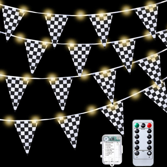 Aurelema light-up checkered flag banner drapes over a doorway for a race-themed party.