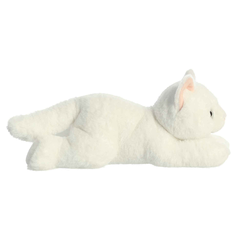 Aurora Flopsie Precious White Kitty resting on belly facilitates easy pretend play.