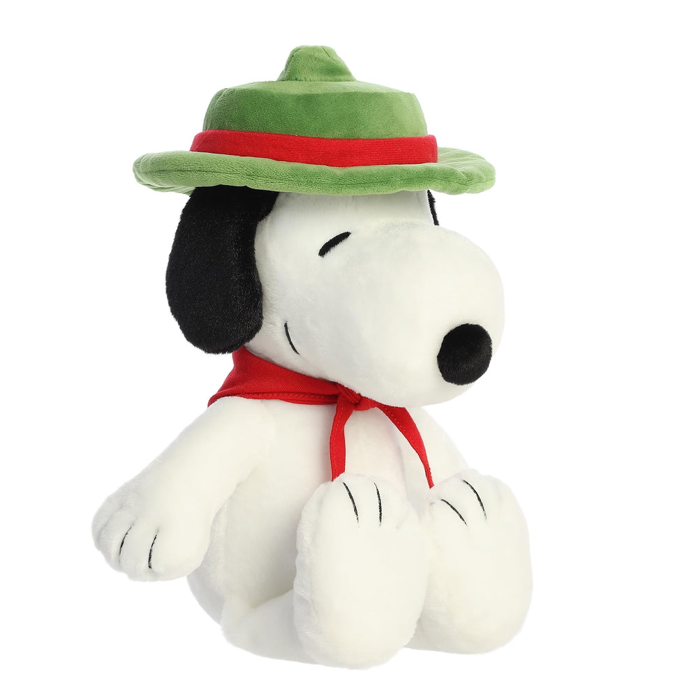 Aurora Adorable Peanuts Snoopy Beagle Scout plush with green scout hat for cuddles and display.
