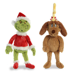 Aurora Dr Seuss Max 18in plush with antler and Grinch Santa 19in, ideal for holiday decor.