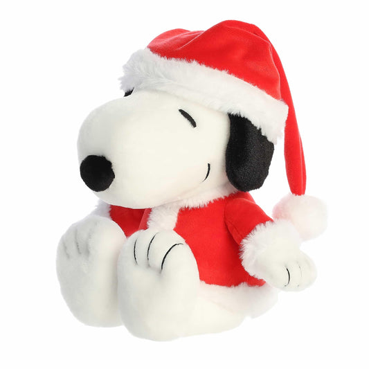 Aurora Festive Peanuts Santa Snoopy plush with hat, ideal for cozy holiday decor.