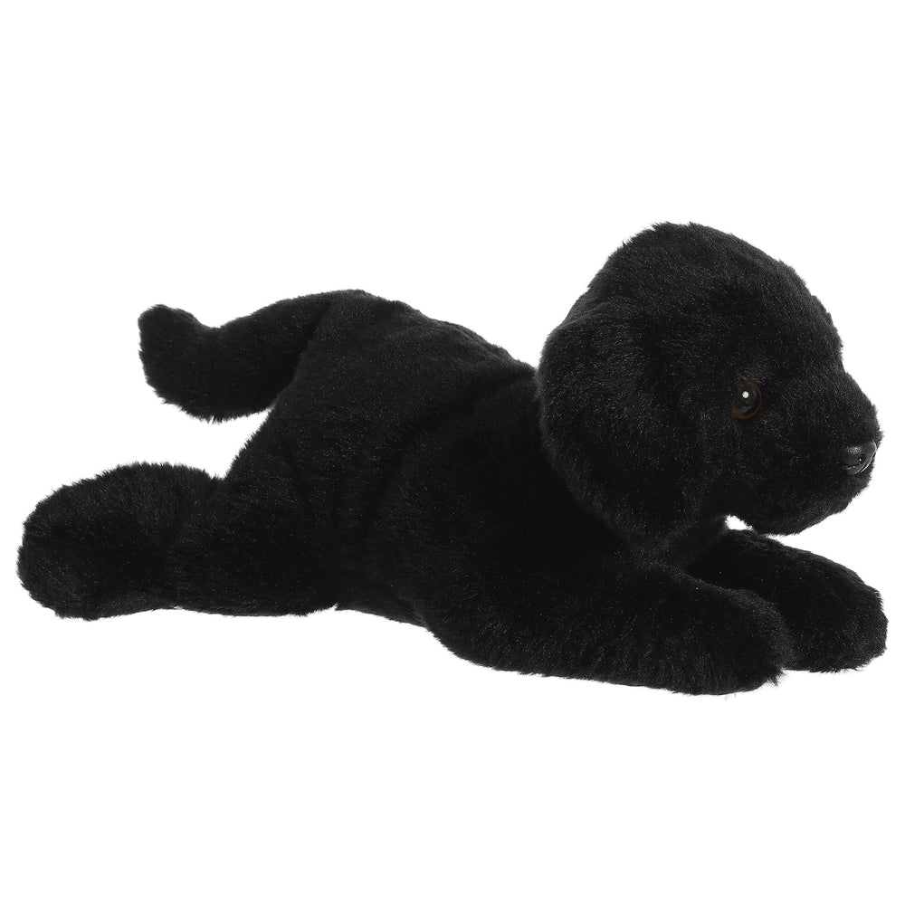 Aurora Flopsie Black Labrador plush, a 12-inch cuddly companion for imaginative play.