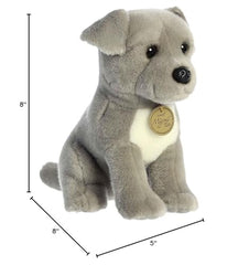 Aurora Miyoni Pit Bull Puppy Plush measures about 5 by 8 by 8 inches for easy display.