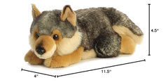 Aurora Miyoni lying wolf size 11.5 inches, versatile decor and cuddles.