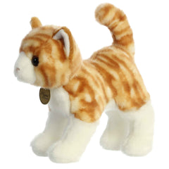 Aurora Miyoni orange tabby plush with hang tag showing species info.