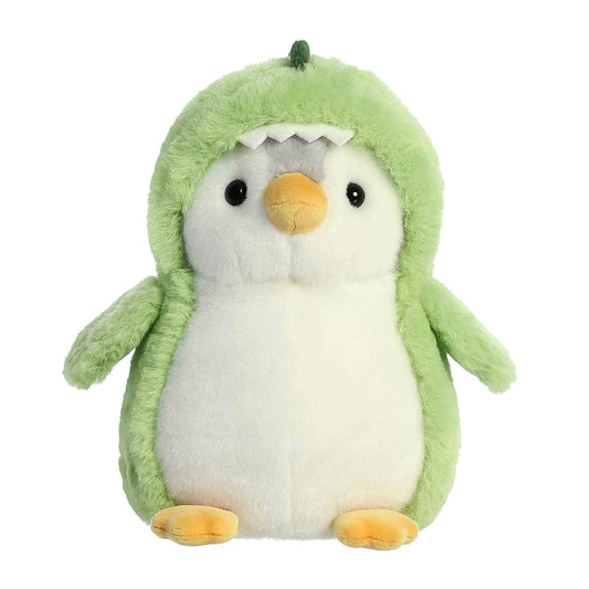 Aurora Playful Pom Pom Penguin in a green dino hoodie, soft and cuddly for hugs.