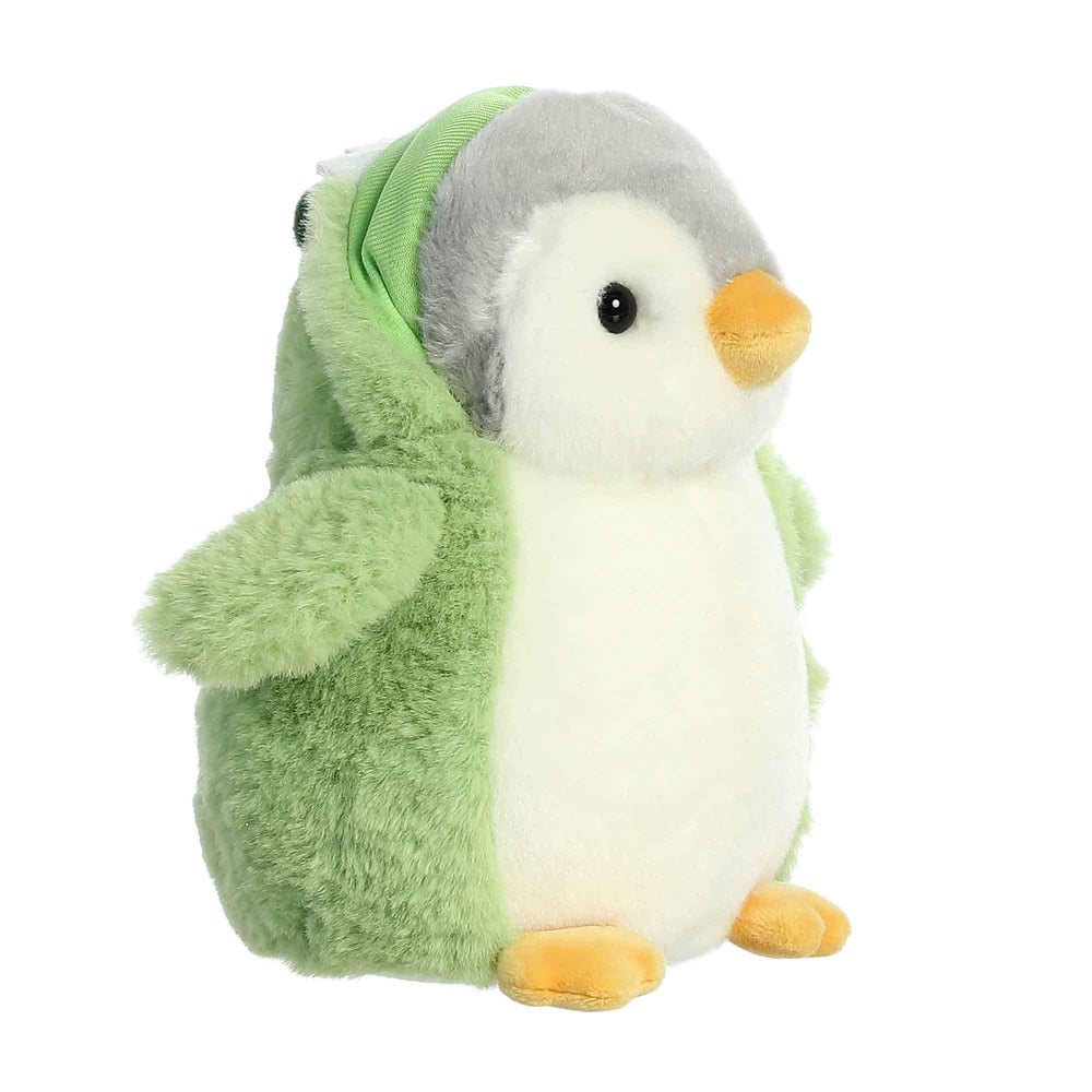 Aurora Playful Pom Pom Penguin side view, compact 5x4x7 inch size for small spaces.