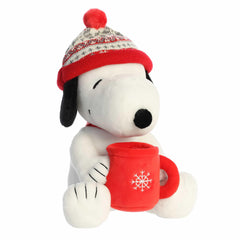 Aurora Snoopy festive hat with mug stuffed animal, front view for holiday decor and gifting.
