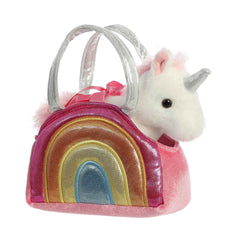 Aurora unicorn plush removable from carrier for interactive play and costume changes