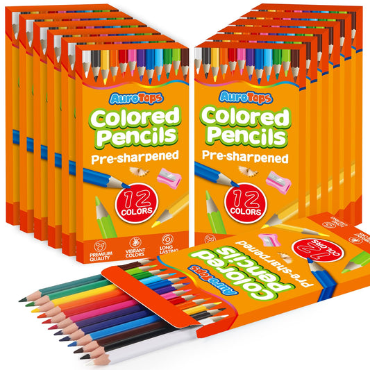 AuroTops 12-pack colored pencils in a vibrant color collection for classroom projects.
