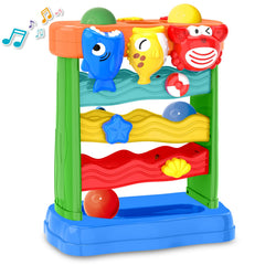 AuroTops blue shark ball-drop toy lights up playtime, boosting early learning.