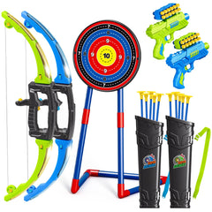 AuroTops bow and arrow set with standing target for focused target practice.
