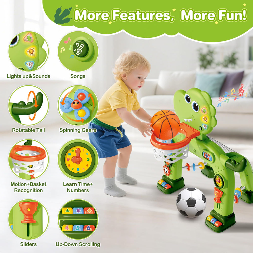 AuroTops dinosaur soccer goal toy encourages kicking and coordination in toddlers.