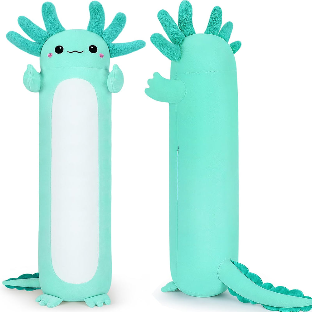 Auspicious Beginning axolotl plush pillow standing upright for display and support.