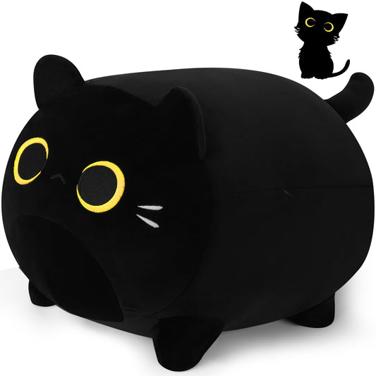 Auspicious Beginning Black Cat Plush with golden eyes for cozy decor.