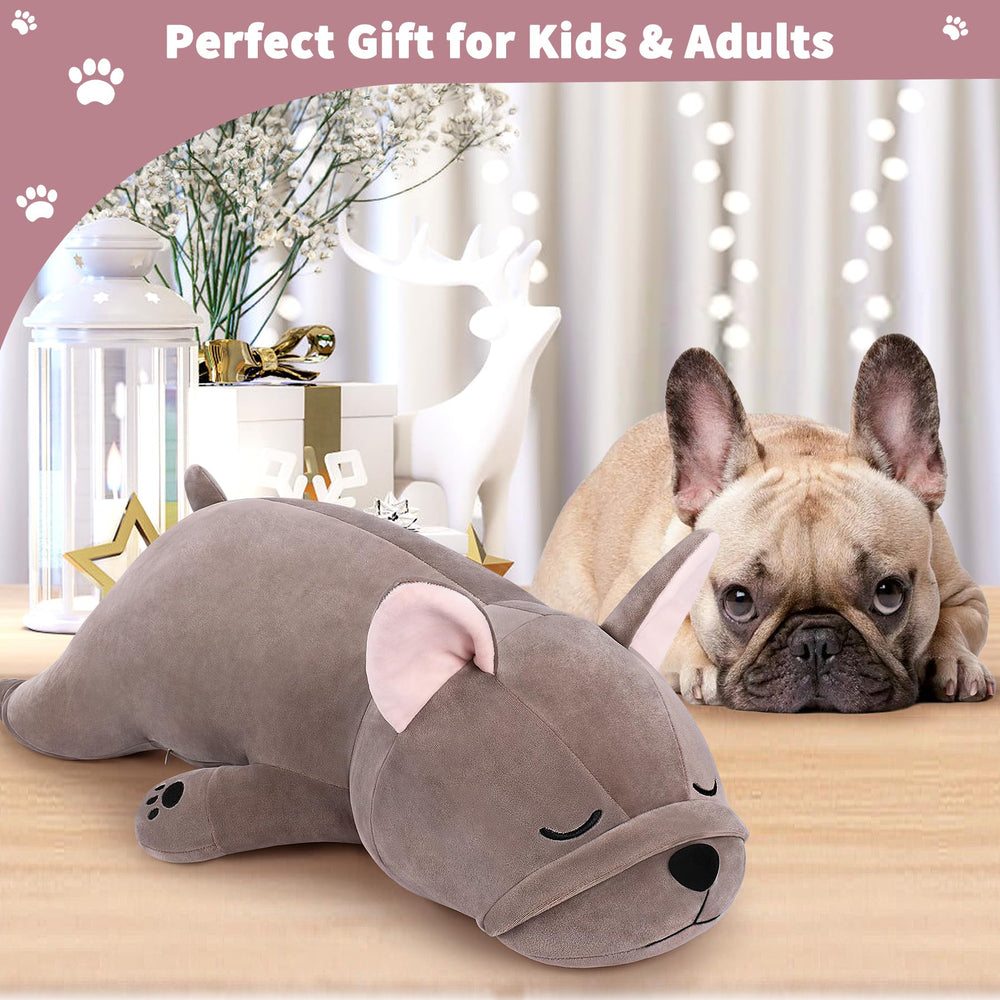 Auspicious Beginning friendly Bulldog plush enhances bedtime storytelling.