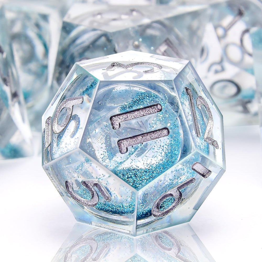 AUSTOR 7-die DND dice set in liquid quicksand light blue for immersive tabletop play.