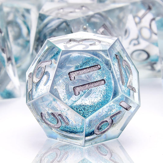 AUSTOR 7-die DND dice set in liquid quicksand light blue for immersive tabletop play.