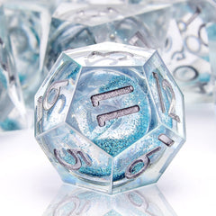 AUSTOR 7-die DND dice set in liquid quicksand light blue for immersive tabletop play.