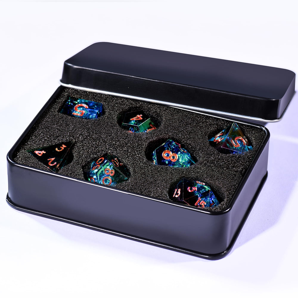 AUSTOR table-ready dice set enhances RPG sessions with striking visuals.