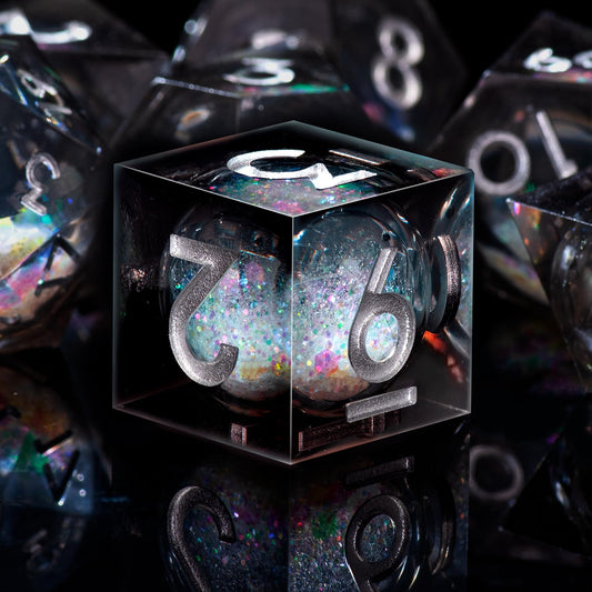 AUSTOR liquid core DND dice in black and silver for immersive tabletop play.