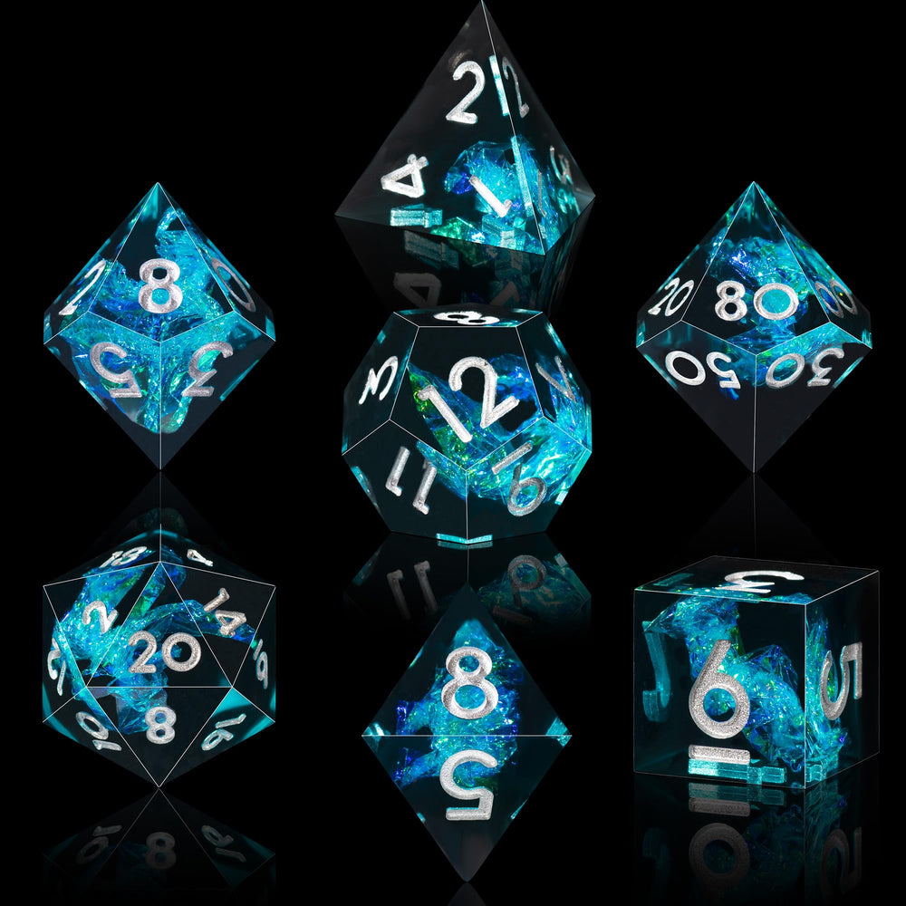 AUSTOR seven-die DND dice mirror-finish close-up catching light