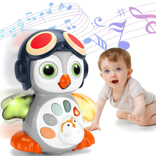 Autumety crawling musical penguin toy with light-up wings for engaging play.