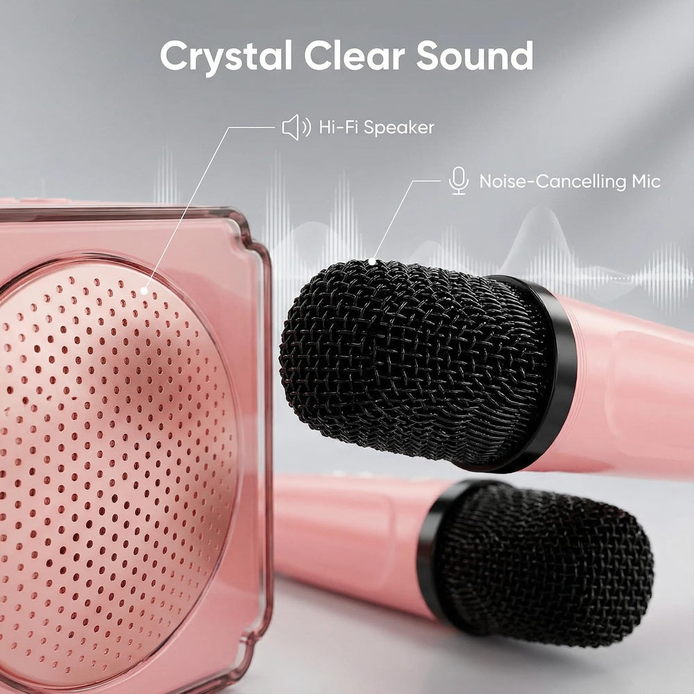 AUUGUU karaoke machine with microphones shows easy setup.