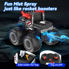 AUUGUU remote control monster truck top view highlights compact chassis and rechargeable battery.