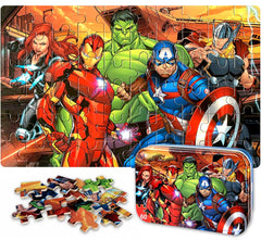 AVENGERS 60-piece puzzle in a box opens, invites focused play and problem-solving joy.