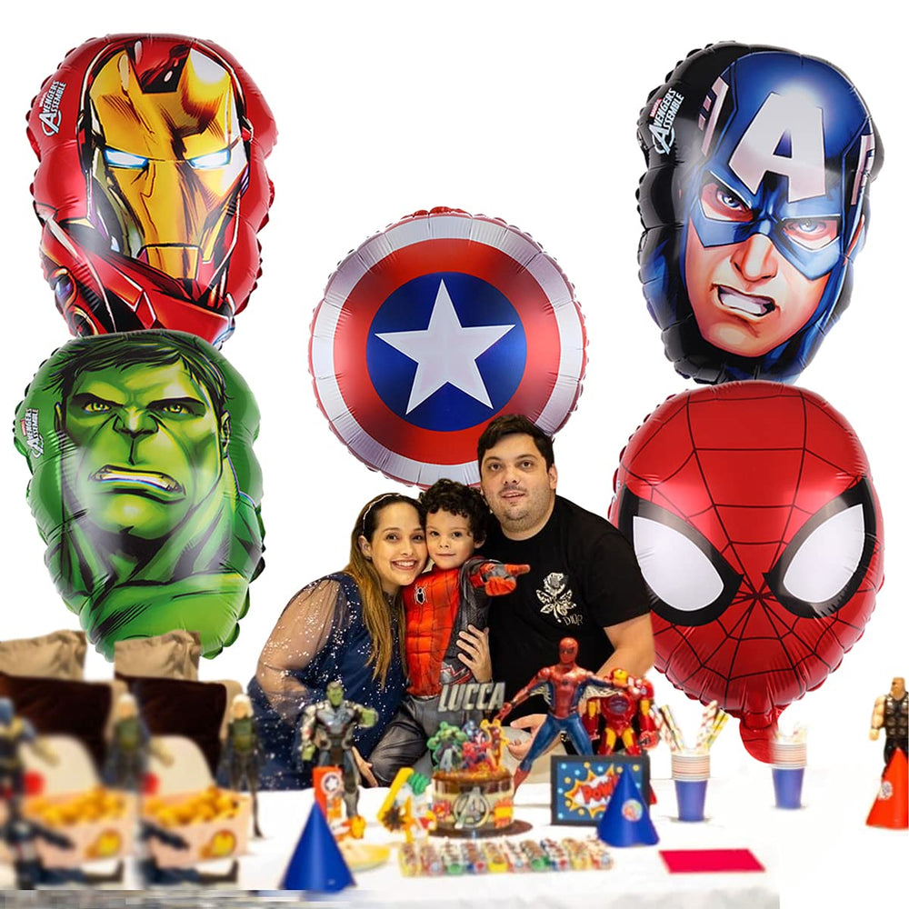 Kids enjoying Avengers aluminium balloons at a themed birthday party.