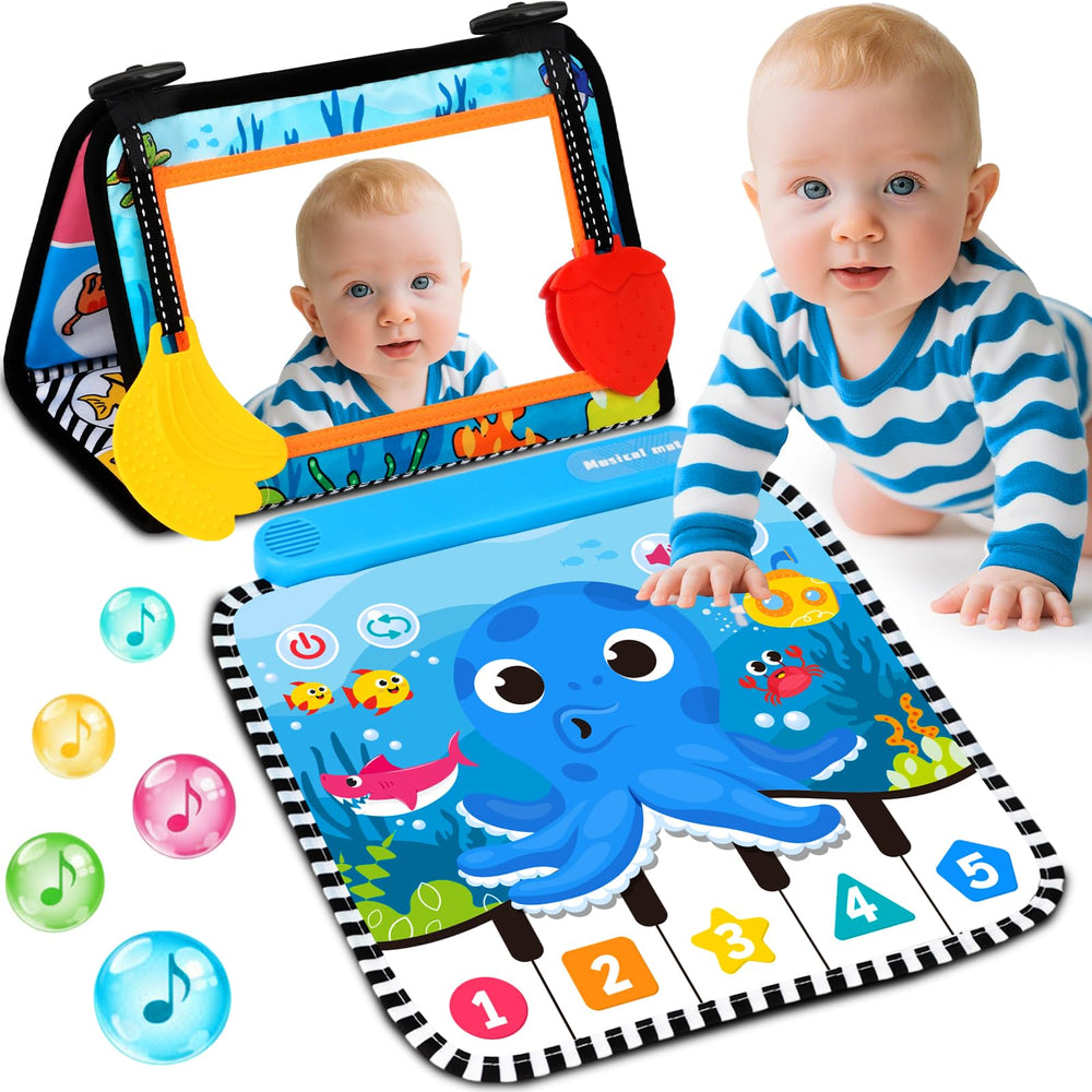 Avesa tummy time mat mirror with black and white patterns to support early visual focus.