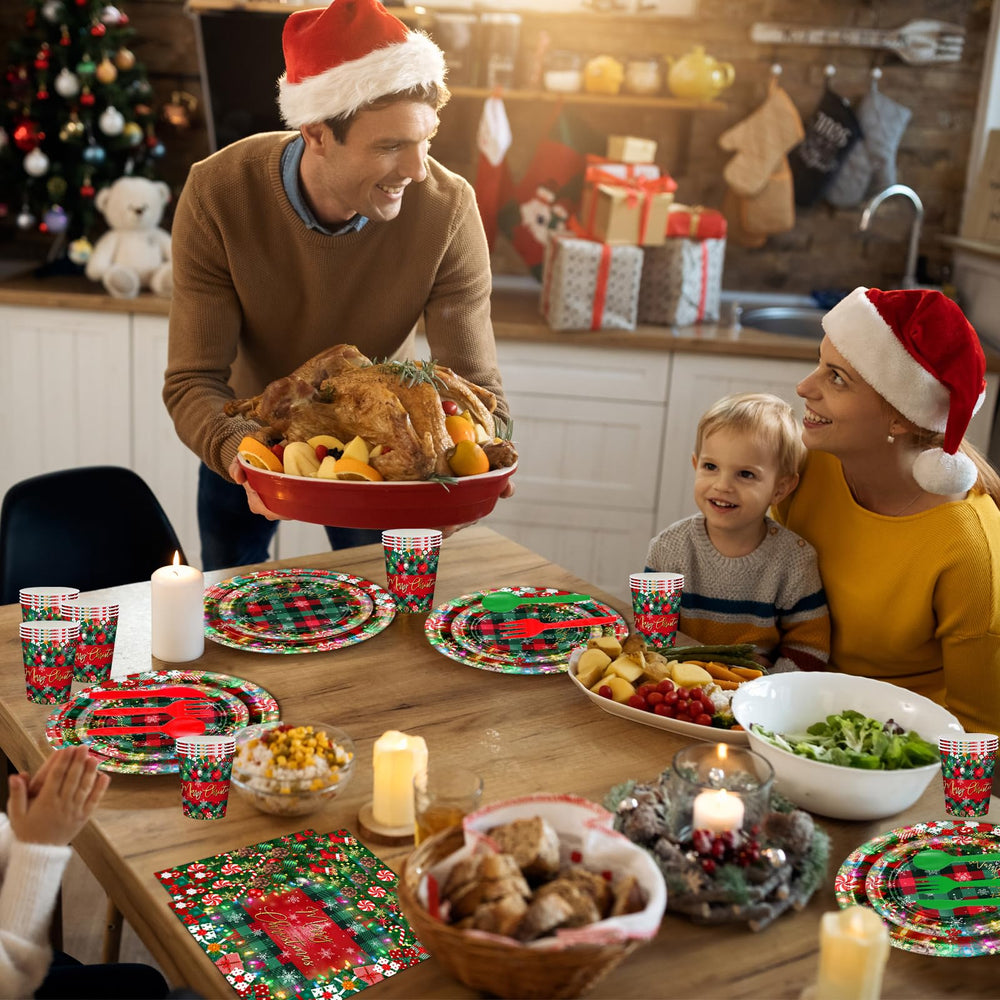 Avezano plaid-pattern tableware enhances holiday table decor.