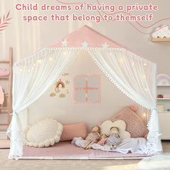 Avrsol Pink tent with gauze curtains and pom-poms adds whimsical play space.