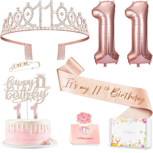 Awfrky rose gold crown with rhinestones for 11th birthday photos