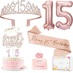 Awfrky rose gold crown with rhinestones for a stylish 15th birthday look