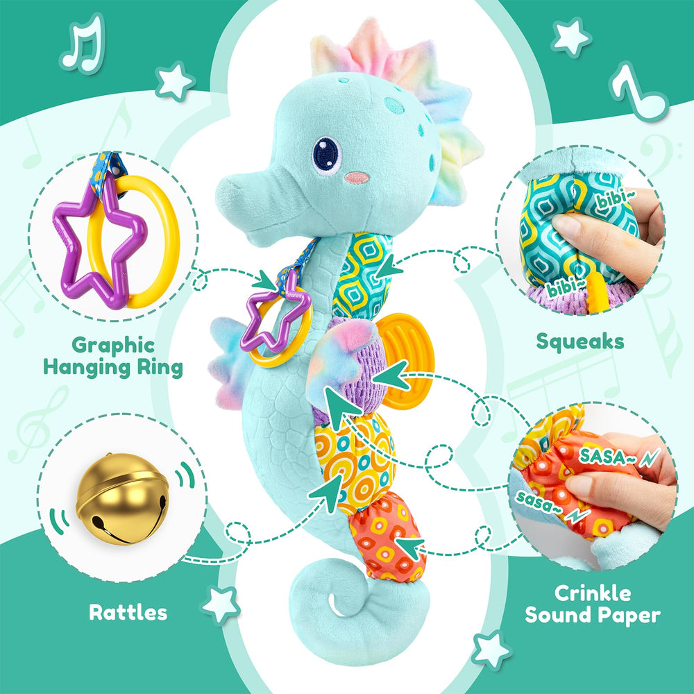 AWOTOY Seahorse crinkle-rattle body engages baby senses during tummy time.